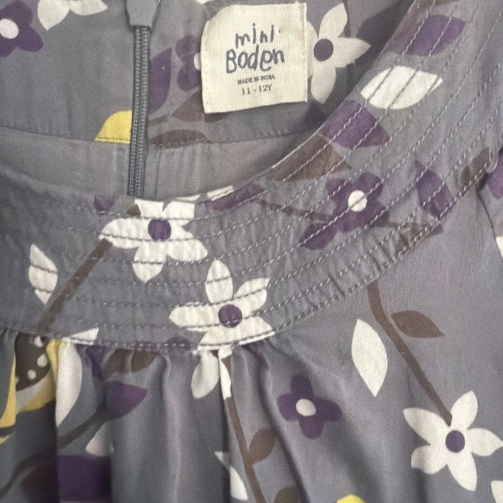 Mini Boden Lined Gray 10-12 Dress Short Sleeve Floral Yellow Birds‎ Play School